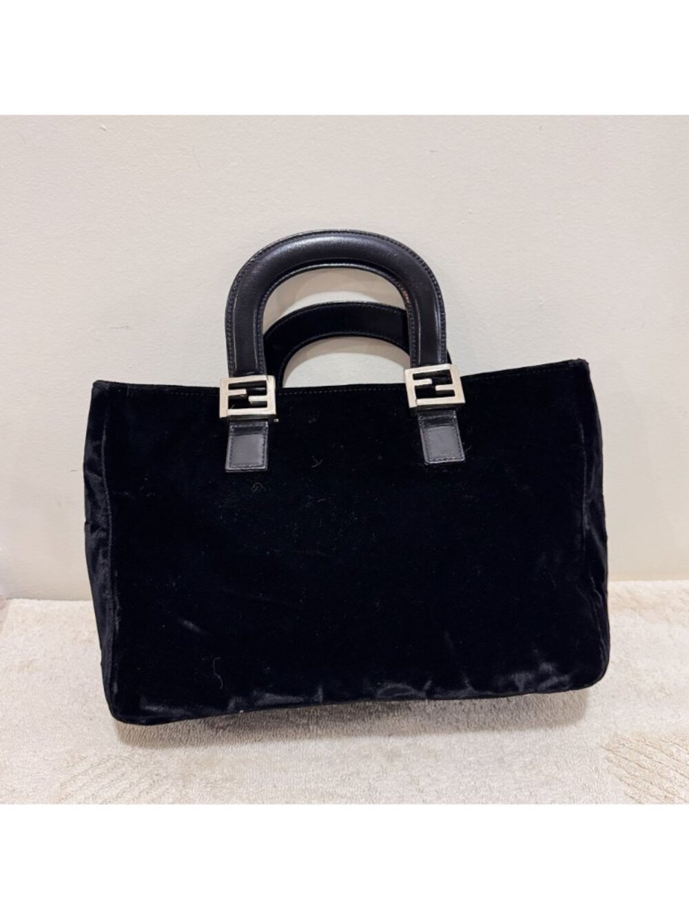Vintage Fendi Black Velvet FF Top Handle Hand Bag Silver Hardware Made Italy - Picture 2 of 12
